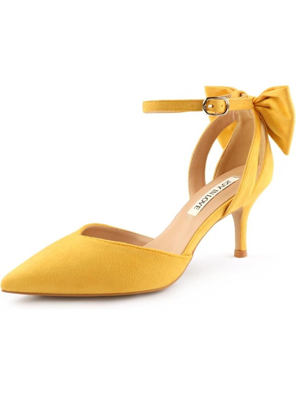 Women's Yellow Suede Kitten Bow Closed Pointed Toe Sandal Ankle Strap Dress Shoe